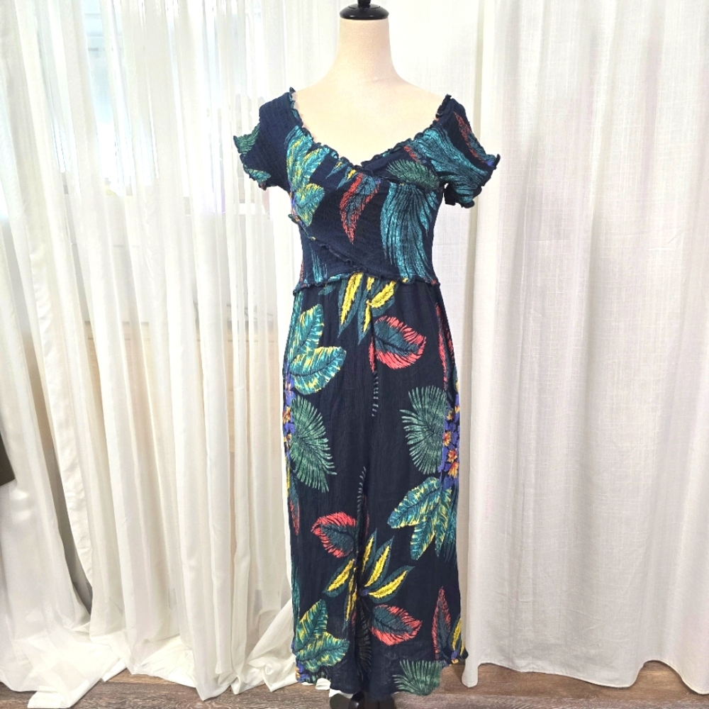 Patrons of Peace Anthropologie Navy Tropical Print‎ Jumpsuit Womens Size L